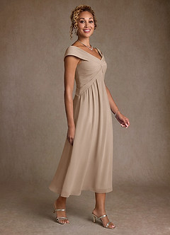 Azazie Mirta Mother of the Bride Dresses Taupe A-Line Pleated Floral Burnout Dress image3