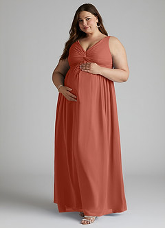 Azazie Yetta Maternity Bridesmaid Dresses A-Line V-Neck Gathered Chiffon Floor-Length Dress image9