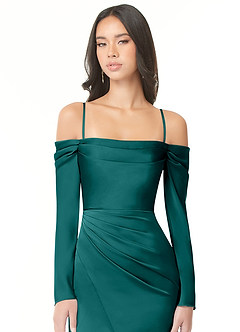 Azazie Hallie Bridesmaid Dresses Peacock Sheath Off-The-Shoulder Long Sleeve Stretch Satin Convertible Dress image2