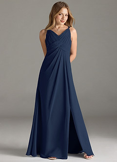 Azazie Maren Allure Junior Dark Navy A-Line Lace Chiffon Dress image4