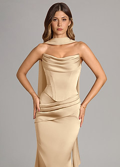 Azazie Sorrel Bridesmaid Dresses Champagne Mermaid Strapless Stretch Satin Convertible Dress image5