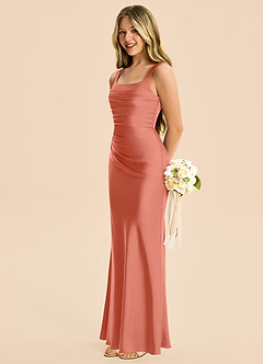 Azazie Agustina Junior Salmon Pink Sheath Pleated Stretch Satin Dress image5