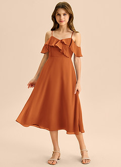 Azazie Kamilla Junior Abito A-Line in Chiffon a Spalla Scoperta Cannella image1