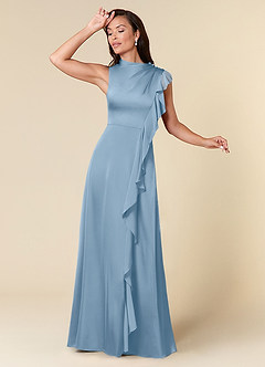 Azazie Narine Abiti per la Madre della Sposa Abito A-Line in Raso Elasticizzato Scollo alto plissettato Azzurro Polvere image1