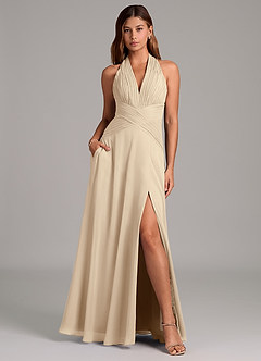 Azazie Elizabeth Bridesmaid Dresses Champagne A-Line Pleated Chiffon Dress image1