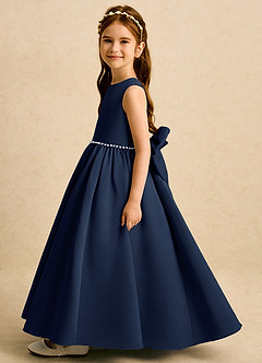 Azazie Daisies Flower Girl Dresses Dark Navy Ball-Gown Bow Matte Satin Dress image4