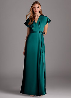Azazie Nico Bridesmaid Dresses Peacock A-Line V-Neck Stretch Satin Dress image1