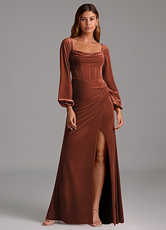 Azazie Charissa Bridesmaid Dresses Terracotta Sheath Long Sleeve Velvet Dress image1