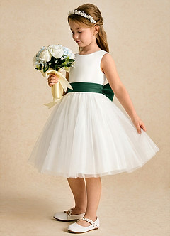 Azazie Sosie Flower Girl Dresses Ivory Dark Green A-Line Pleated Tulle Dress image3