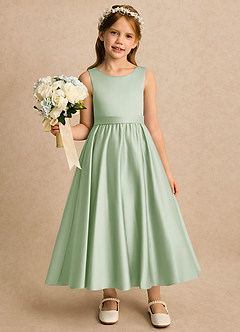 Azazie Karlie Flower Girl Dresses Dusty Sage A-Line Pleated Matte Satin Dress image4