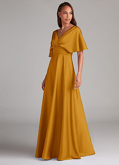Azazie Pamela Bridesmaid Dresses Butterscotch A-Line Pleated Stretch Satin Dress image4