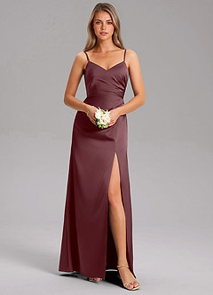 Azazie Azuree Bridesmaid Dresses Sangria A-Line Pleated Stretch Satin Dress image3