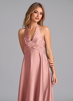 Azazie Tessie 신부 들러리 드레스 A라인 주름진 스트레치 새틴 바닥 길이 드레스 image6