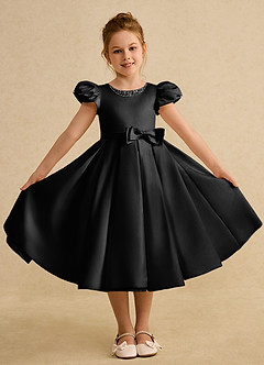 Azazie Pearl Flower Girl Dresses Black Ball-Gown Pleated Matte Satin Dress image4