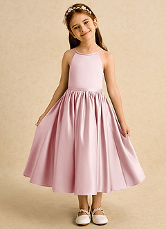 Azazie Indi Flower Girl Dresses Powder Pink A-Line Bow Matte Satin Dress image5