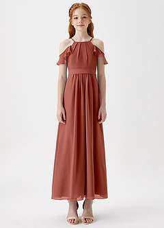 Azazie Chaya Junior Jurk van Chiffon met A-Lijn Off the Shoulder Kastanjebruin image3