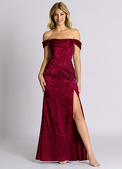 Azazie Saige 신부 들러리 드레스 인어 오프 더 숄더 자카드 바닥 길이 드레스 image1