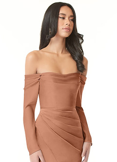 Azazie Hallie Robes de demoiselle d'honneur Robe Fourreau Convertible en Satin extensible Schulterfreies Langarmshirt Bronze image1