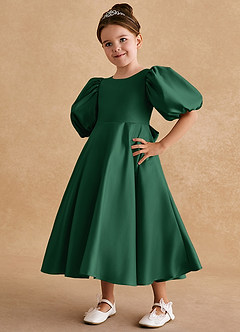 Azazie Sugarplum Flower Girl Dresses Dark Green A-Line with Sleeves Matte Satin Dress image4