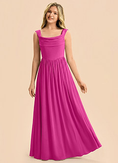 Azazie Novi Junior Vestido Fucsia de Satén Elástico de Corte en A con Plisado image3