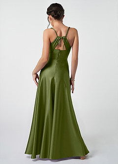 Azazie Avelina Junior Olive A-Line Pleated Metallic Satin Dress image4