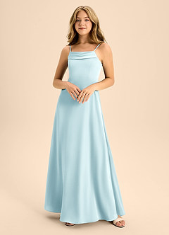 Azazie Anselie Junior Cloud Blue A-Line Off the Shoulder Stretch Satin Dress image3