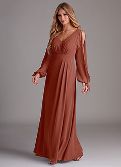 Azazie Matilda Bridesmaid Dresses Auburn A-Line Long Sleeve Chiffon Dress image1