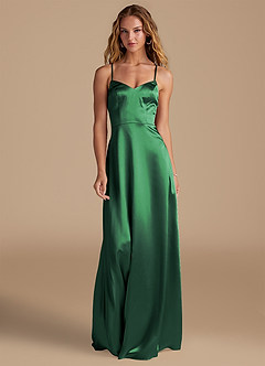 Azazie Mei Bridesmaid Dresses Dark Green A-Line Metallic Satin Dress image3