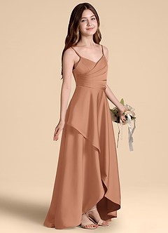 Azazie Prisha Junior Abito A-Line in Raso Elasticizzato Plissettato Bronzo image1