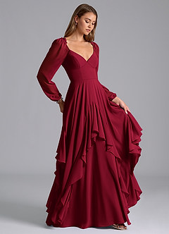 Azazie Karan Bridesmaid Dresses Burgundy A-Line Long Sleeve Chiffon Dress image4