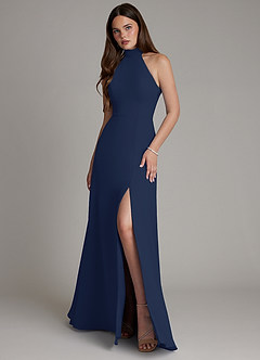 Azazie Myra Vestidos de madrinha de casamento Vestido Azul Marinho de Chiffon de Linha A com Pescoço alto image1