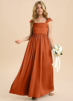 Azazie Hattie Junior Burnt Orange A-Line Pleated Stretch Satin Dress image4
