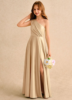 Azazie Puddles Girls Formal Flower Girl Dresses Champagne A-Line One Shoulder Stretch Satin Dress image3
