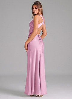 Azazie Evadne Bridesmaid Dresses Candy Pink Sheath Pleated Stretch Satin Dress image5