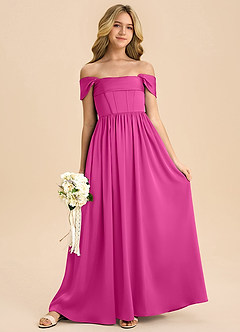 Azazie Hattie Junior Abito A-Line in Raso Elasticizzato Plissettato Fucsia image3