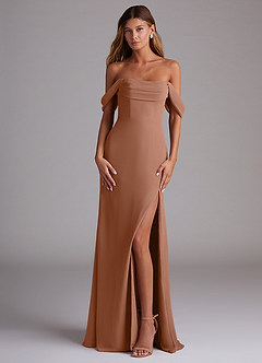 Azazie Saige Bridesmaid Dresses Bronzer A-Line Off the Shoulder Chiffon Convertible Dress image1