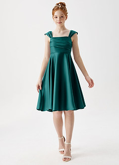 Azazie Amira Junior Peacock A-Line Pleated Stretch Satin Dress image1