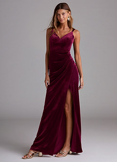 Azazie Leo Bridesmaid Dresses Cabernet Sheath Pleated Velvet Dress image1