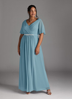 Azazie Tricia Kleider für die Brautmutter A-Linie V-Hals Gefaltet Chiffon Kleid Stimmungsvolles Blau image8