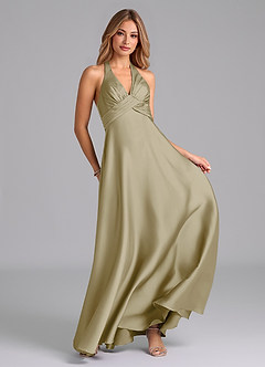 Azazie Tessie Vestidos de damas de honor Vestido de Musgo Verde de Satén Elástico de Corte en A con Plisado image4