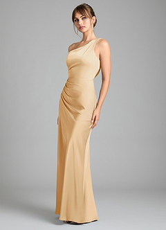 Azazie Madelyn Bridesmaid Dresses Gold Mermaid One Shoulder Stretch Satin Convertible Dress image6