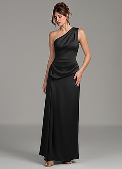 Azazie Zahira Vestidos de damas de honor Vestido Negro de Satén Elástico de Corte Recto con Un hombro image5