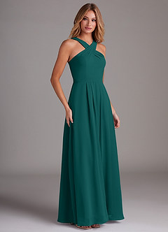 Azazie Dixie Bridesmaid Dresses Peacock A-Line Halter Pleated Chiffon Dress image4