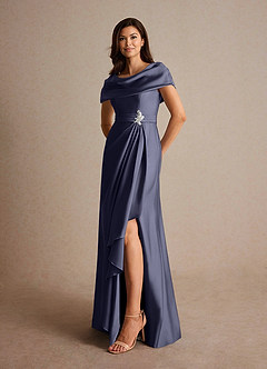 Azazie Branford Mère de la mariée Robes Robe Trapèze en Satin extensible Plissé Bleu Orageux image8