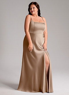 Azazie Lidia Bridesmaid Dresses Taupe Mermaid Side Slit Stretch Satin Dress image5