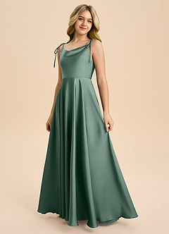 Azazie Popsy Junior Eucalyptus A-Line Bow Stretch Satin Dress image6
