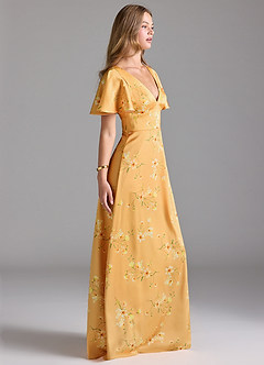 Azazie Lani Brautjungfernkleider A-Linie Volantärmel Stretch-Satin Kleid Goldene Blüten image4
