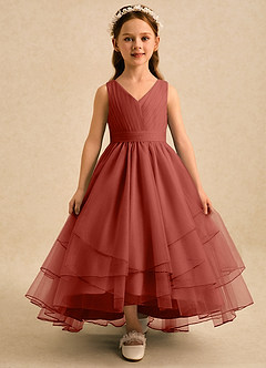 Azazie Seraphina vestidos de niña de las flores Vestido Terracota de Tul de Corte en A con Plisado image1