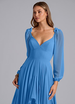 Azazie Karan Bridesmaid Dresses Blue Jay A-Line Long Sleeve Chiffon Dress image6