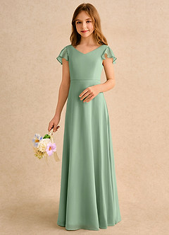 Azazie Nari Girls Formal Blumenmädchenkleider A-Linie mit ärmel Chiffon Kleid Matcha image4